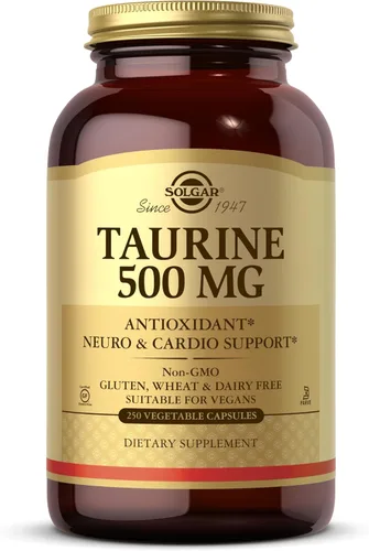 Solgar Taurina 500 mg, 250 cápsulas vegetales - Antioxidante - Salud cerebral - Aminoácidos - Vegano, sin gluten, sin lácteos, Kosher - 250 porciones