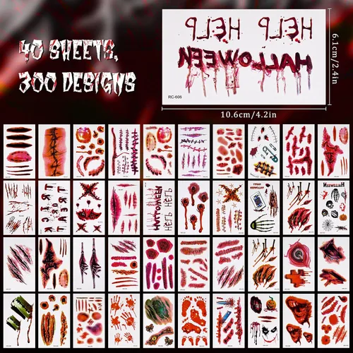 Miniatura 2 de NiHome 40 hojas de Halloween terror extraíble realista falso tatuaje temporal, traje de zombi Cosplay herida de sangre sangrado cicatriz variedad
