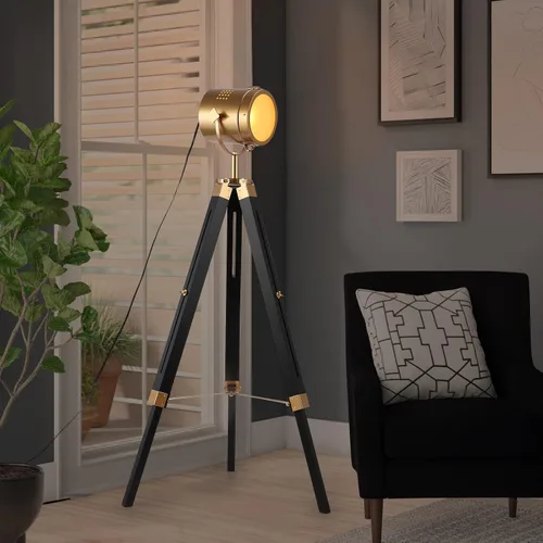 Miniatura 3 de Lámpara de pie con trípode negro industrial para sala de estar, casa de campo, iluminación de latón dorado, lámpara de pie de mediados de siglo