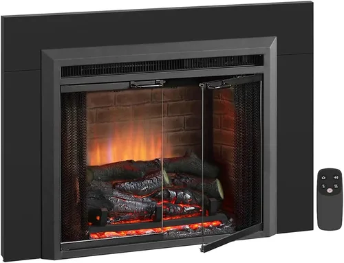 PuraFlame Klaus - Inserto eléctrico para chimenea de 23", con kit de adornos, sonido de chispas de fuego, tronco de resina, puerta de vidrio y