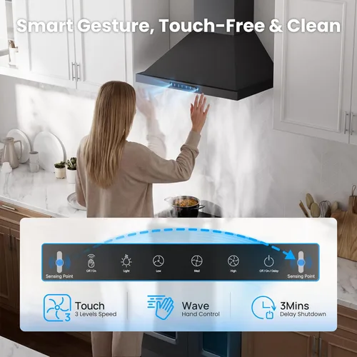 Miniatura 3 de VIKIO HOME Campana extractora profesional de 30 pulgadas para montaje en pared, 980 CFM, panel directo de 3 velocidades con control por gestos