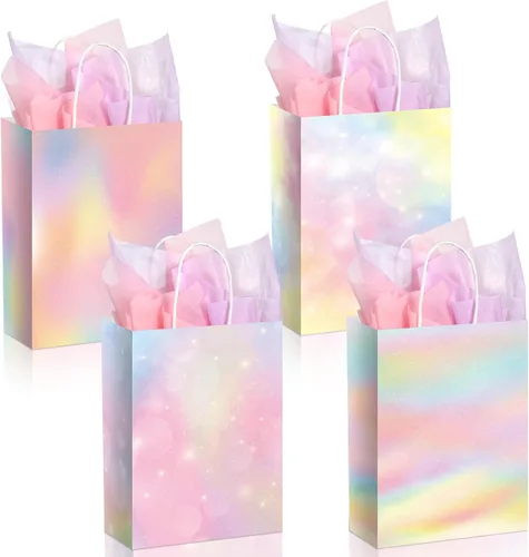 Maitys 24 bolsas de regalo de arcoíris pastel con papel de seda, bolsas de recuerdo de fiesta de Pascua, bolsa de regalo pastel para niños y niñas,