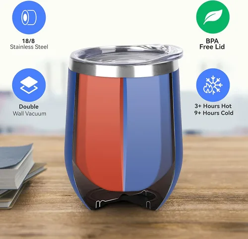 Miniatura 2 de DOMICARE - Juego de 4 vasos de vino de 12 onzas con tapa, hechos de acero inoxidable con aislamiento al vacío de doble pared, color azul oscuro