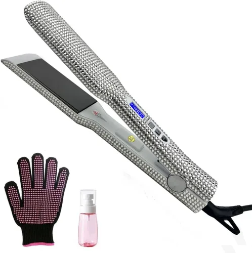 Plancha plana de cerámica con magnífico diamante de imitación de cristal, alisador y rizador de pelo 2 en 1, apagado automático de 60 minutos,