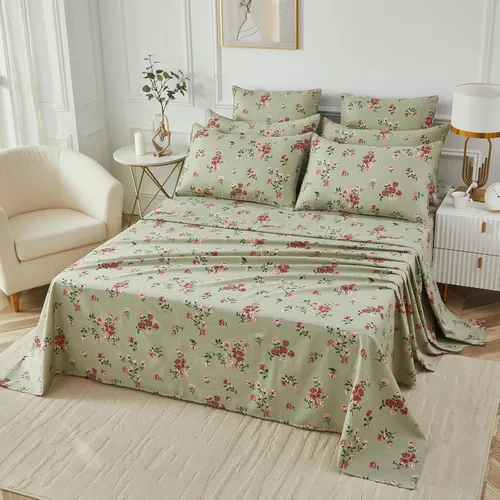 Miniatura 6 de FADFAY Juego de sábanas de cama tamaño King 100% algodón, color verde salvia, patrón floral de rosas rojas de campo francés, ropa de cama de lujo