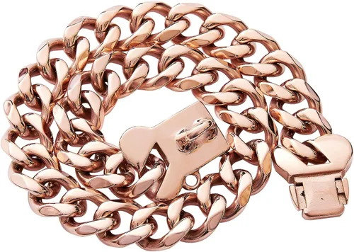Miniatura 4 de Collar de perro resistente de acero inoxidable con eslabones cubanos de oro rosa para perros pequeños, medianos y grandes, collar de lujo para perro