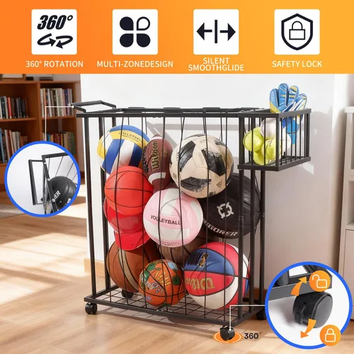 Miniatura 5 de Carrito de almacenamiento de pelotas multideportivo con cesta lateral para guantes y tenis; correas elásticas de acceso a la gravedad para niños