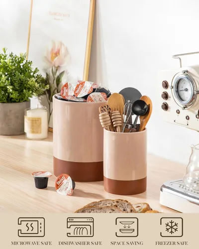 Miniatura 4 de MALACASA Soporte para utensilios, Portautensilios de cerámica de 7.3"+5.5" pulgadas para encimera de cocina, recipientes grandes para utensilios