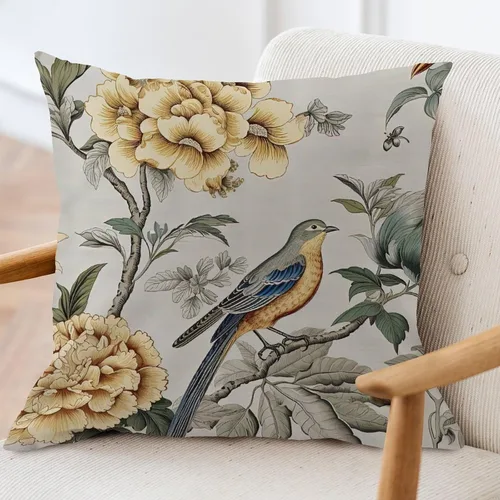Miniatura 3 de ArogGeld Funda de cojín para sofá de granja con diseño de pájaro chinoiserie amarillo y gris, peonía, pavo real, decoración del hogar, funda