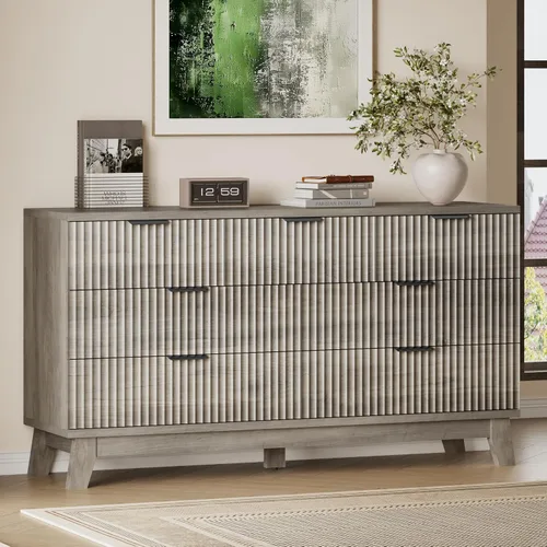 Miniatura 10 de BORNOON Cómoda alta de 46" para dormitorio, cómoda de 6 cajones acanalados, cómoda moderna de madera con almacenamiento profundo, correderas