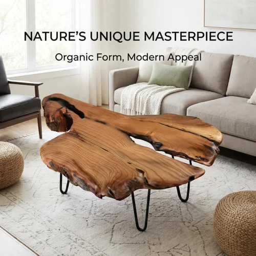 Miniatura 4 de Mesa de centro de madera natural, mesa de centro de borde vivo para sala de estar, escritorio único