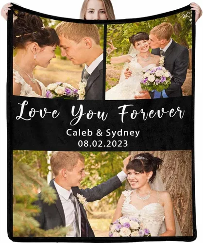 Miniatura 16 de Manta de fotos personalizada, manta de pareja de boda, con texto en inglés «He Asked And She Said Yes», 4 fotos, manta de boda, regalo romántico