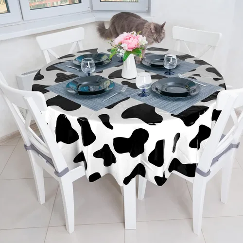 Miniatura 5 de Remagr Mantel redondo de plástico con estampado de vaca, 3 piezas, 84 pulgadas, desechable, con temática de vaca, para fiesta de cumpleaños