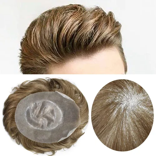 Miniatura 32 de Toupee para hombres piel fina 0.001 in Toupee V-looped Remy sistema de cabello humano pu mens hairpieces línea capilar invisible para pérdida