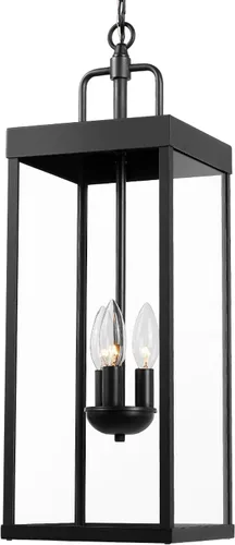Miniatura 11 de Lámpara colgante grande para exteriores para porche delantero, 20 pulgadas, 2 luces, lámpara colgante exterior negra con vidrio transparente