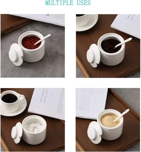 Miniatura 3 de ONTUBE Juego de 3 jarras de porcelana para azúcar y crema, jarra de crema de cerámica, azucarero con tapa y cuchara (blanco brillante)