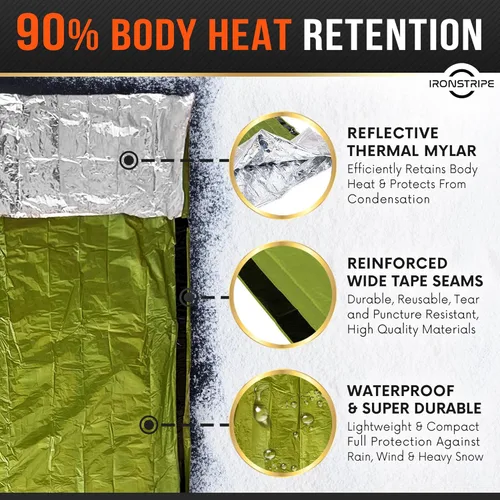 Miniatura 3 de Ironstripe Bivy Sack XL - Saco de dormir de supervivencia impermeable con silbato de emergencia, capucha integrada y Mylar térmico, resistente a