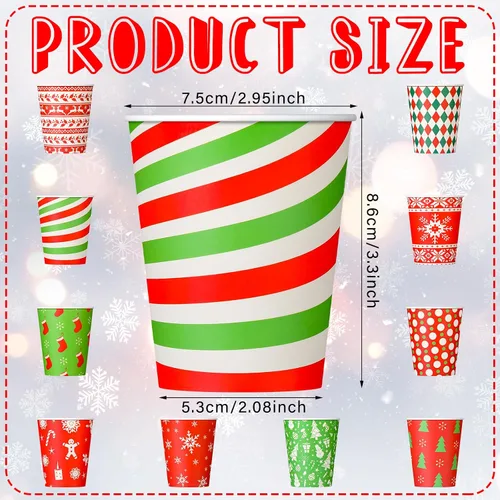 Miniatura 2 de Umigy 100 vasos de papel de Navidad a granel desechables de 9 onzas, tazas de café de chocolate caliente, medias de árbol de Navidad, pan