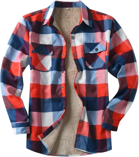 Miniatura 15 de Camisas casuales de franela de manga larga con botones y ajuste regular para hombre para otoño e invierno con forro polar