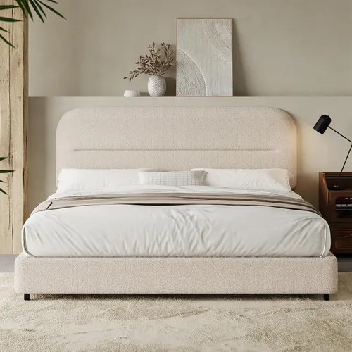 Miniatura 4 de HOMBCK - Base de cama tapizada de tejido bouclé con cabecera suave con diseño de esquinas redondeadas, listones de madera, no requiere somier, fácil