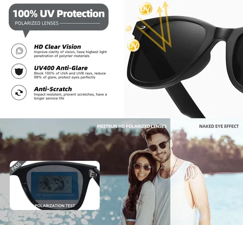 Miniatura 8 de MEETSUN Lentes de sol polarizados retro para mujeres y hombres, lentes de espejo clásicos para conducción, 100% protección UV (paquete de 3)