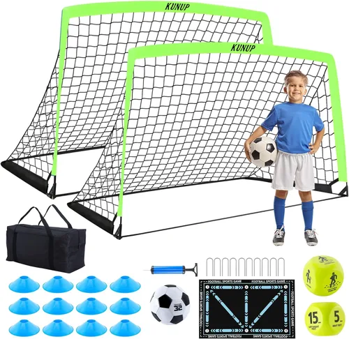 Miniatura 12 de 2 Set Kids Soccer Goals for Backyard with Training Equipment, Portable Foldable Practice Nets with Ball, Dice & Mat, Cones, Air Pump and Carry Bag