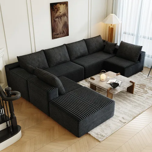 Miniatura 27 de Sofá seccional modular de 139.4", sofás minimalistas en forma de U con 2 otomanas chaise, sofá cama convertible moderno de asiento profundo, tela