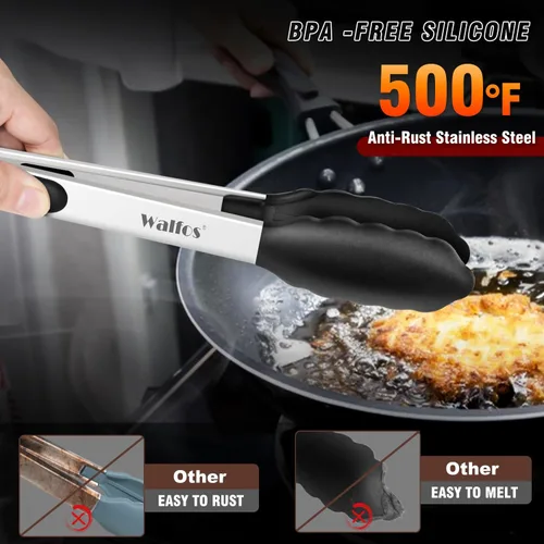 Miniatura 3 de Walfos Pinzas de cocina – Juego de 3 pinzas de cocina resistentes al calor, puntas de acero inoxidable y silicona sin BPA, ideales para cocinar