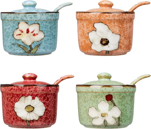 Azucarero de cerámica hecho a mano con tapa y cuchara, tarro de condimento de porcelana de 9 onzas con diseño floral pintado a mano, recipiente