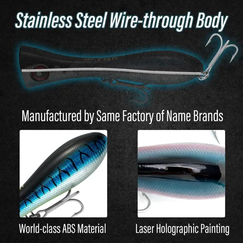 Miniatura 5 de Dr.Fish Topwater Popper Señuelos de pesca de agua salada, 8 pulgadas GT Popper VMC anzuelos agudos señuelos de pesca de surf para Striper Atún