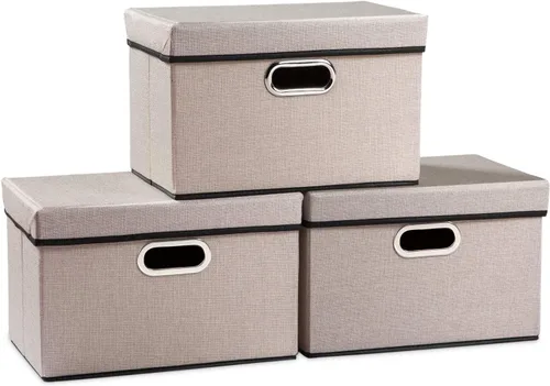 Miniatura 20 de PRANDOM Contenedor de almacenamiento plegable con tapa [1 unidad] Caja de almacenamiento decorativa de tela de lino, cesta organizadora con asas