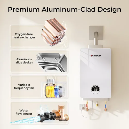 Miniatura 6 de CAMPLUX - Calentador de agua sin tanque de propano de 82,000 BTU, sistema de agua caliente instantánea de 3.18 GPM para toda la casa, uso de 2 a 3