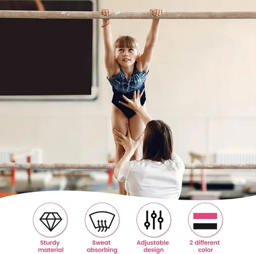 Miniatura 5 de Juego de 2 pares de guantes de gimnasia para bares y niñas, juegos de muñequeras de gimnasia rosa y negro con muñequeras para barra de gimnasia