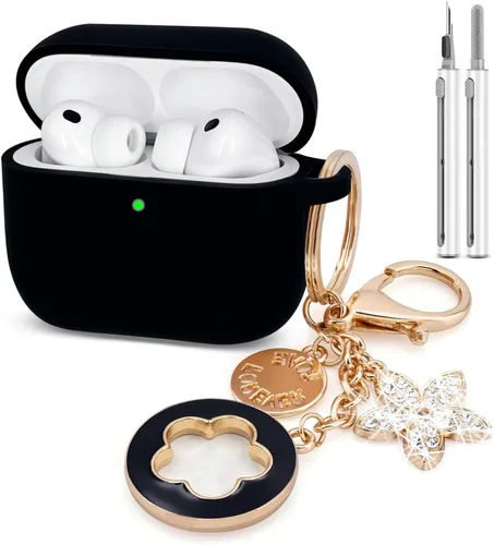 KOUJAON Funda compatible con AirPods Pro 3 2025 con kit limpiador de llavero brillante, funda de silicona para auriculares inalámbricos AirPods Pro