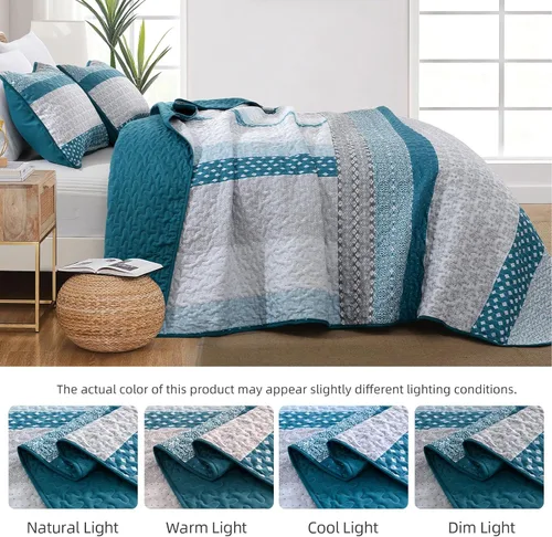 Miniatura 6 de WONGS BEDDING Edredón Azul Gris Tamaño Queen, Juegos de Edredón de Rayas Bohemias 3 Piezas Azul y Gris Boho Juego de Colcha Acolchada de Microfibra