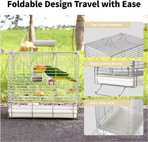 Miniatura 3 de Transportín Jaula de Viaje para Pájaros – Jaula de viaje plegable portátil de acero inoxidable 304 con recipientes de alimentación para loros