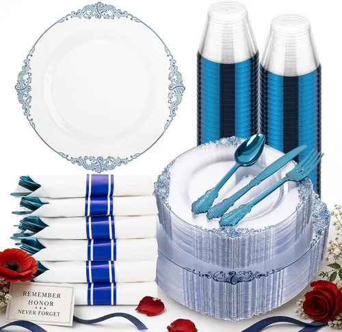 Miniatura 23 de Hioasis 350 platos de plástico transparente y dorado, elegante juego de vajilla desechable adecuado para 50 invitados, incluye platos de cena