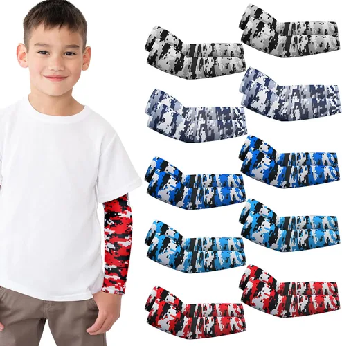 Miniatura 8 de Xuhal 10 pares de mangas de brazo para niños, jóvenes, baloncesto, fútbol, béisbol, protección UV, protección solar, compresión deportiva, cubierta
