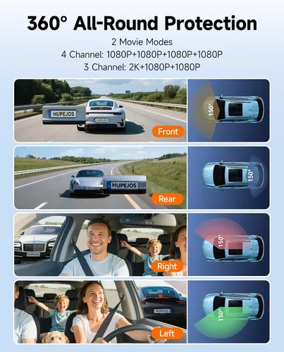 Miniatura 3 de Cámara de tablero de 360° frontal y trasera en el interior, cámara de tablero de 4 canales para automóviles FHD 1080Px4, Wi-Fi integrado, pantalla