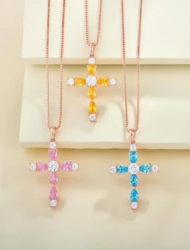 Miniatura 26 de YL Collar de cruz de plata de ley 925 con colgante de piedra natal religiosa para mujer