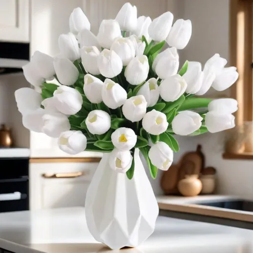 Miniatura 6 de Tulipanes falsos de PU de tacto real, flores artificiales, 10 piezas, arreglo floral, ramo para decoración de hogar, oficina, boda (blanco)