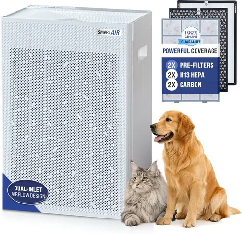 Smart Air SA600 - Purificador de aire HEPA grande para mascotas, limpia 2400 pies cuadrados por hora, para hogares, oficinas, doble entrada, 2 x