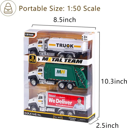 Miniatura 6 de G.C Juego de 3 vehículos de transporte fundidos a presión, camión de basura, camión cisterna, camión de reparto a escala 1:50, juguete de coche