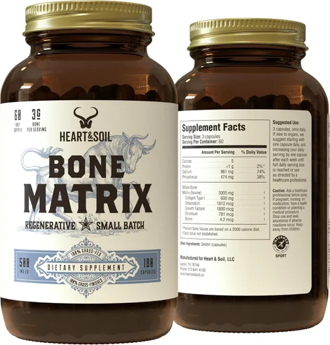 HEART & SOIL Matriz ósea alimentada con pasto: apoya la salud, la fuerza y la flexibilidad de los huesos y las articulaciones (180 cápsulas) | Apoya