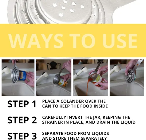 Miniatura 5 de Colador universal para latas de acero inoxidable, pequeño multiusos de grado alimenticio para latas grandes y pequeñas, colador de acero inoxidable