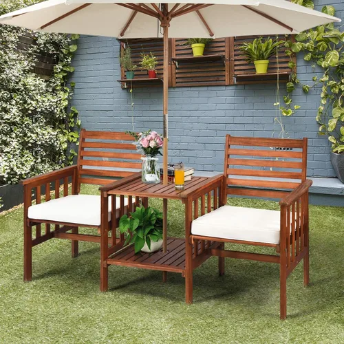 Miniatura 2 de Tangkula Sofá biplaza de madera de acacia, juego de 3 sillas de mesa para exteriores, juego de conversación de patio con mesa auxiliar y cojines