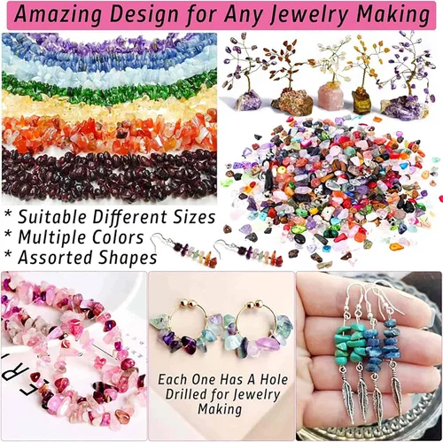 Miniatura 6 de Vilihkc Cuentas de piedra natural de 24 colores, 1200 piezas de piedras preciosas irregulares de cristal curativo, agujero de cuentas perforadas