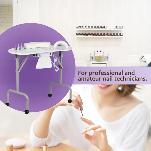 Miniatura 6 de AGESISI Mesa de manicura portátil plegable para uñas con estación de carga y colector de polvo, mesa profesional de tecnología de uñas para técnico