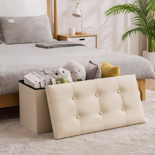 Miniatura 2 de YOUDENOVA Otomana plegable de almacenamiento, otomana de piel sintética, reposapiés otomano, asiento acolchado para dormitorio y sala de estar, Beige