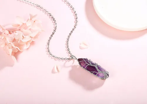 Miniatura 2 de XIANNVXI Collar con colgante de luna creciente envuelta en alambre con forma de árbol de la vida Collar con piedras de cristal curativo de reiki